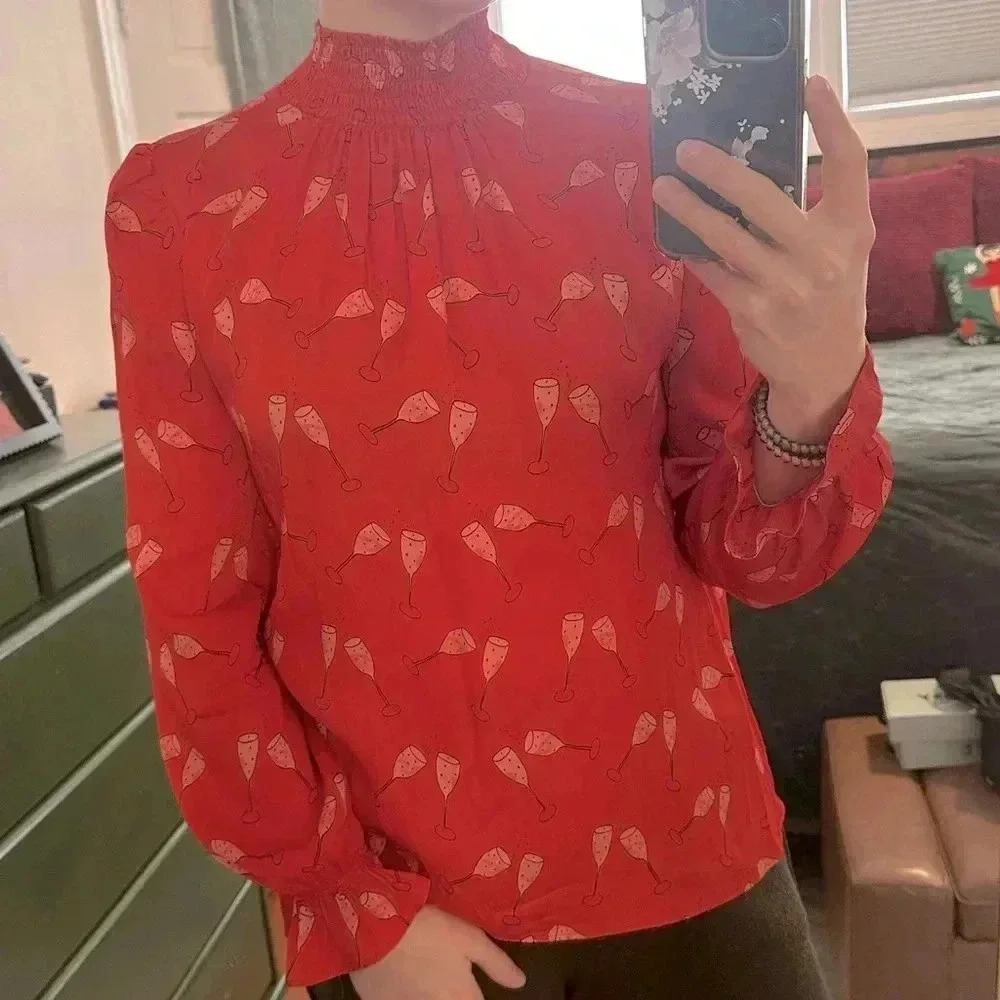 Tucker NYC Stella Top Red Silk with Champagne Flute Print Size XS EUC